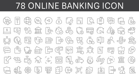 Fototapeta na wymiar Online banking thin line icons set. Credit card, online transaction, check balance, mobile support, blockchain, deposit app, money safety, internet bank, contactless payment, Vector illustration