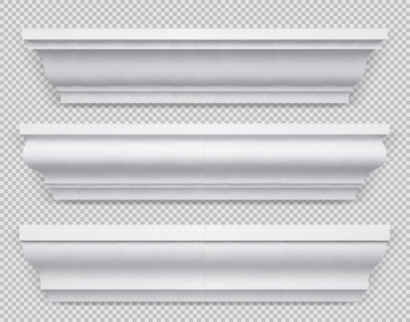 Realistic set of classic white baseboard molding png isolated on transparent background. Vector illustration of decorative skirting boards made of wood or gypsum for ceiling, floor and wall design