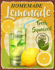 Lemonade with ice cubes and lemon vintage  poster.Retro style.