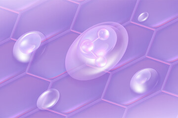 Hyaluronic acid hair and skin solutions ad, purple collagen serum drop into skin cells with cosmetic advertising background ready to use, illustration vector.	