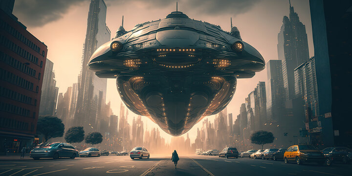 Alien alien ship floating over city. Alien invasion. Created by artificial intelligence.