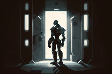 robotic guard patrolling the halls of a futuristic jail (AI Generated)