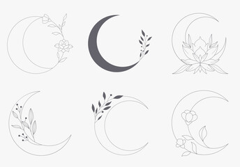 Floral and moon hand drawn style. Floral black and white frame of twigs leaves and flowers. Frames for the Valentine’s Day, wedding decor, logo and identity template.