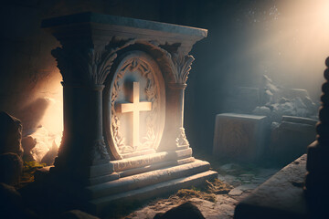 Cave tomb with cross sunlight. Concept resurrection morning. Generation AI