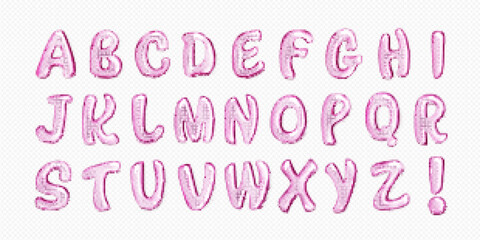 Pink water alphabet. Type font with letters of liquid gel, juice, wine. Clear aqua drops in shape of English characters isolated on transparent background, vector realistic set
