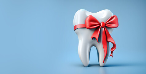 Plakat White healthy human tooth with red gift ribbon on isolated blue background with copy space. Concept dental oral health. Generation AI