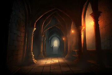 long medieval castle corridor with torches and stone arches (AI Generated)