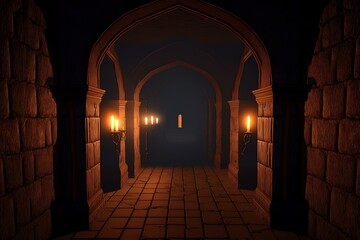 long medieval castle corridor with torches and stone arches, ANIME (AI Generated)