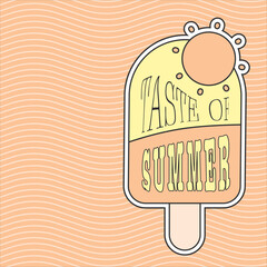 Ice cream vector clipart and Taste of summer quote set. Sweet dessert and sun vintage style graphic in warm orange and yellow colors for apparel print. 