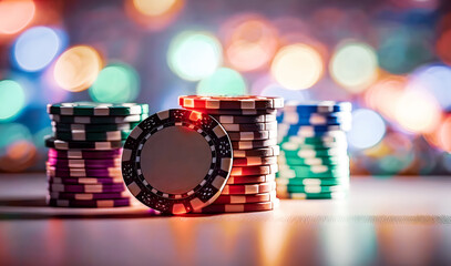 Fototapeta na wymiar Poker chips on blur color background. Generation AI