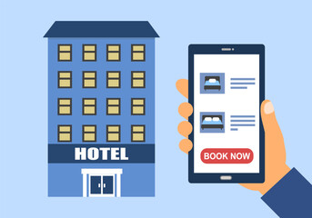 Man make a hotel reservation via smartphone app in flat design. Hotel booking concept vector illustration.