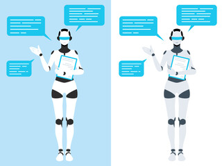 Vector illustration of a robot chatting, talking and guiding with artificial intelligence.