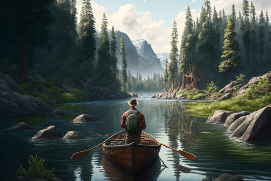 Exploring the Wilderness: Boating Through the Forest's Riverways, generative ai
