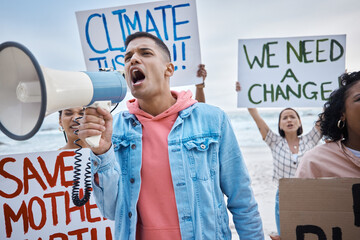 Protest, climate change and megaphone with man at the beach for environment, earth day and action....