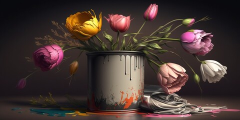 tulips in a paint vase