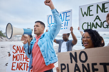 Protest, global warming and megaphone with man at the beach for environment, earth day and action....