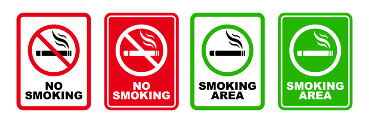 no smoking area and smoking area sign printable red stop symbol set ban silhouette icon design template - obrazy, fototapety, plakaty