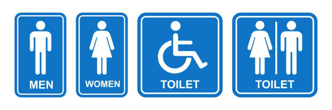 toilet sign printable public sign symbol man woman wc simple blue minimalist design illustration restroom template