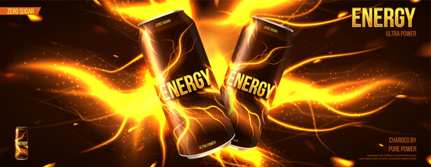 Energy drink ads banner. Vector illustration with energy drink cans, bright abstract energy lightnings. Realistic 3d illustration.	
