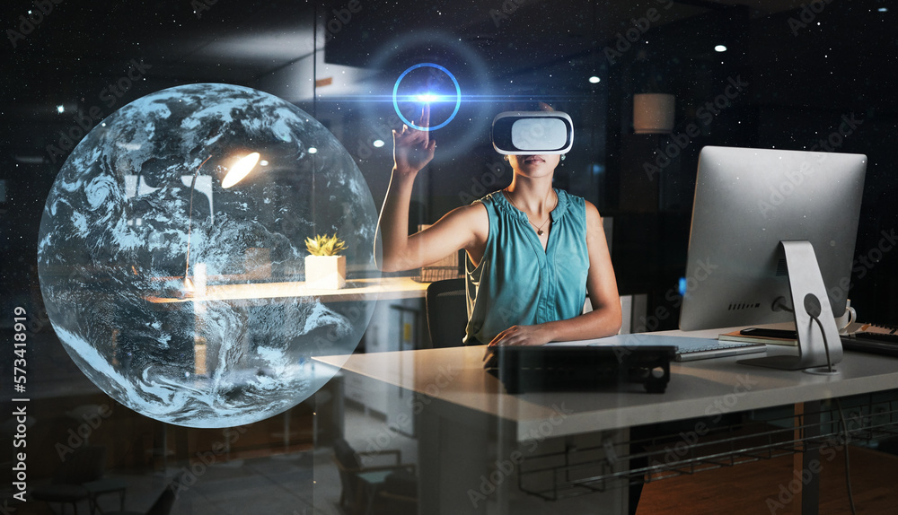 Aufkleber global network, planet overlay or woman in virtual reality or vr in 3d ux experience in a dark offic