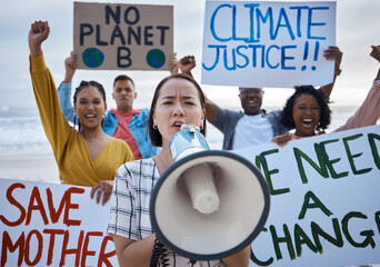 Climate change protest, megaphone and Asian woman with crowd at beach protesting for environment,...