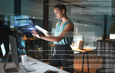 Fototapeta na wymiar Tablet, 3d hologram and business woman in office with house or building model at night. Futuristic, technology and female employee with digital touchscreen, cyber mockup and overlay, graphs or data.