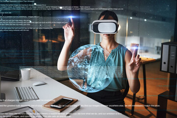 Earth overlay, global network or woman in virtual reality or vr for a 3d experience in office at night. Future, metaverse globe or employee networking with a futuristic digital online innovation