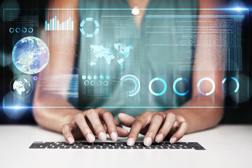 Computer keyboard hologram, hands typing and woman review finance chart, stock market database or future dashboard. Forex investment, data analysis hud and night trader trading NFT, bitcoin or crypto