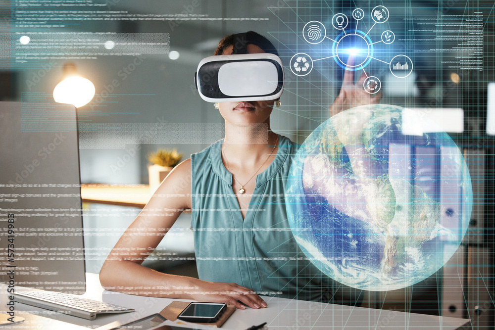 Poster global network, globe overlay or woman in virtual reality or vr glasses for 3d ai or iot experience 
