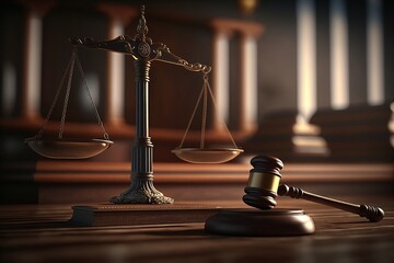 Judge gavel and Scales of Justice in the Court Hall created by generative AI