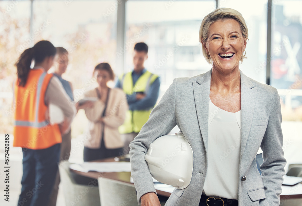 Poster portrait, construction worker and leader with an engineer woman at work in her architecture office. 