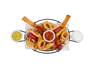 Spicy chicken chunks, onion rings, mozzarella, sausage and chips, top view