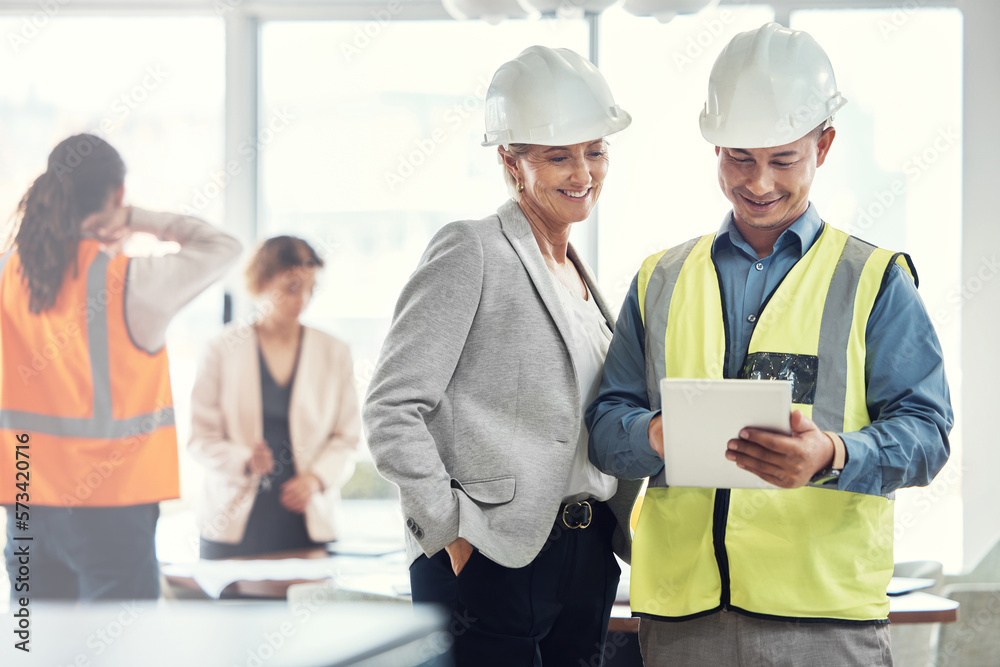 Aufkleber man, woman and tablet in office for architecture analysis, construction teamwork or vision. architec