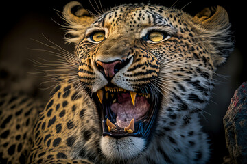 Fototapeta na wymiar Sngry wild leopard Bare teeth on black isolated background. Leopard roaring. Generative AI.