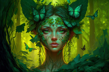 Beautiful young dryad goddess in forest. Dryad goddess merging with a magical forest. Post-processed generative AI	
 - obrazy, fototapety, plakaty