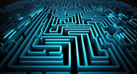 Neon blue maze, top view. Abstract business  background. Business problem solving, making decision, finding solution and challenge concept. Generative AI