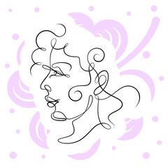 International Women's Day minimal design line drawing style. Portrait of young woman beauty face isolated on purple leaf background. Vector for Spa, fashion, hairdressing and beautiful artwork design.