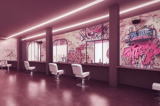 3d Barber Beauty Salon Hair Cut Shop Wallpaper Design Graffiti On The Wall. Generative AI