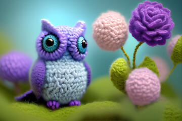 Woolitize, a violet Owl sitting on top of a lush orchid flowers bush