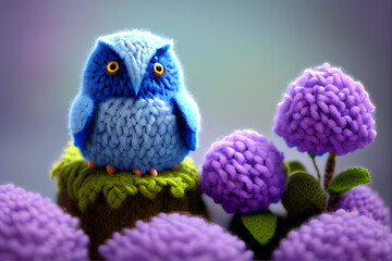 Woolitize, a violet Owl sitting on top of a lush orchid flowers bush