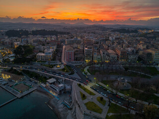 Aerial panoramic view of corfu town by night, Greece