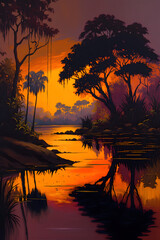 Tropical jungle forest sunset with palm trees, river, orange sky, nature landscape art illustration 