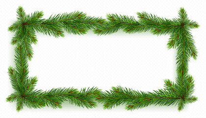 Fototapeta na wymiar Realistic rectangular pine tree frame in vector. Isolated fir border on transparent background for Christmas holiday festive postcard. Minimalist evergreen decorative seasonal illustration.
