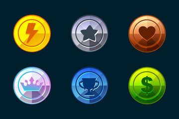 Set of game metal icons-energy, star, heart, dollar, crown and award cup © babysofja