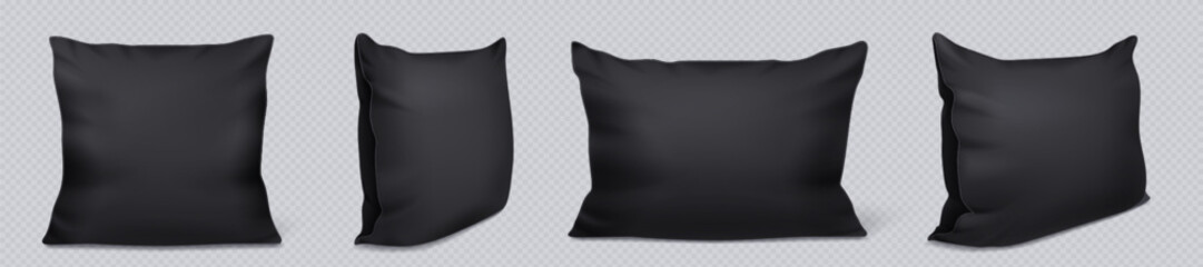 Realistic black square and rectangular pillow mockup. Isolated soft sofa cushion front and side view vector set on transparent background. Empty template for branding or advertising.