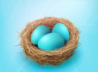 Illustration Easter blue eggs in a nest on a blue textural background