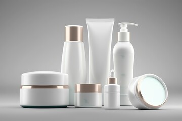 White Background Mockup of Beauty Products: Make-up, Bottle, Cream. Photo generative AI