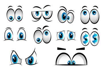 set of people cartoon eyes depicting a variety of expressions with anger, sadness, surprise and happiness with blue irises, vector illustration on white background - 53