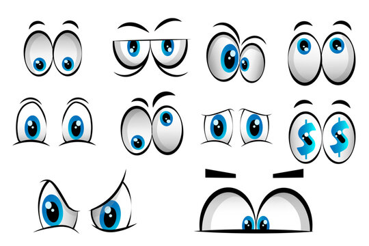 set of people cartoon eyes depicting a variety of expressions with anger, sadness, surprise and happiness with blue irises, vector illustration on white background