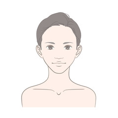 正面を向き目を開いた若い女性の顔（主線あり・線画）